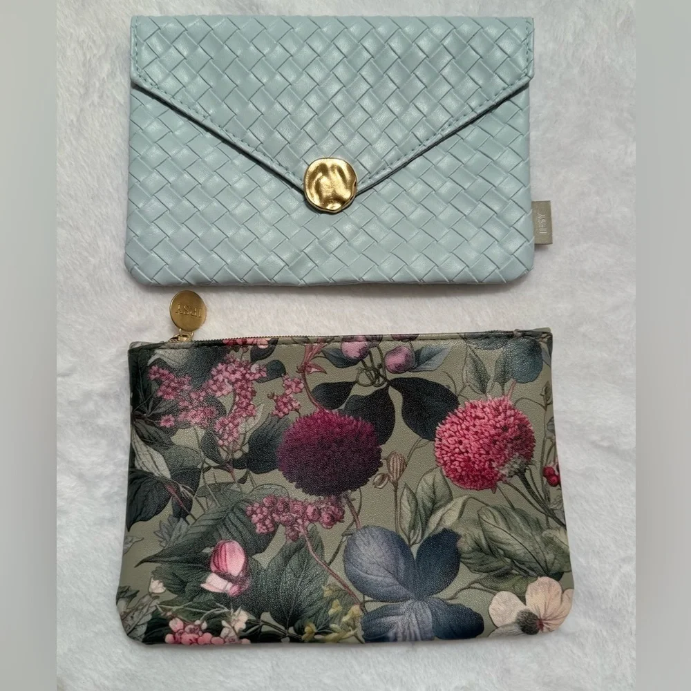 Mint Gold Floral Makeup Cosmetic Bags Set of 2 NWOT